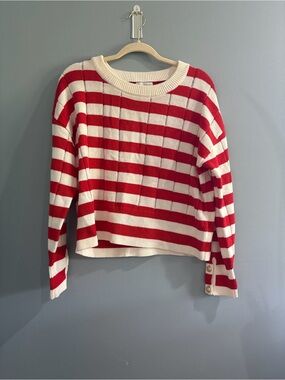 Evereve Red and Cream Striped Crewneck Sweater